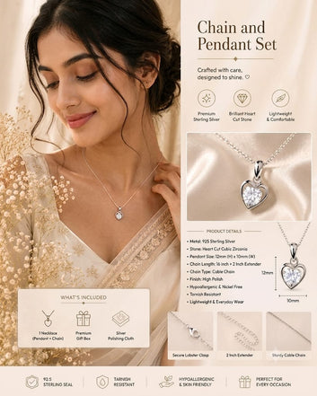 Diamond heart shape silver pendant