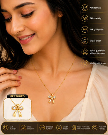 Gold Plated Bow Pendant Necklace for Women | Crystal Bow necklace
